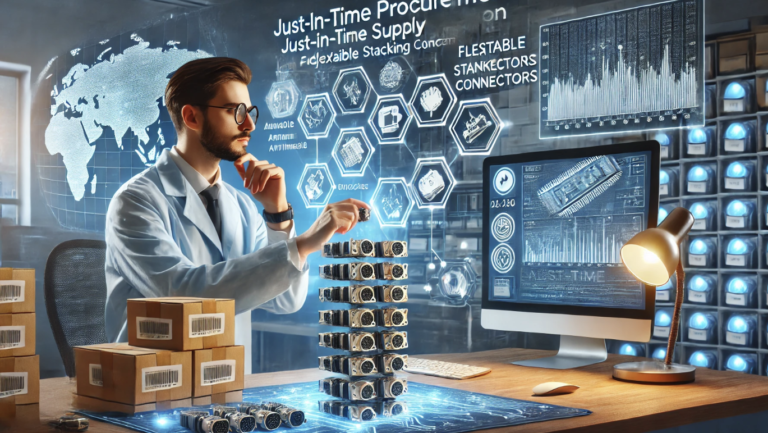 Engineer managing Just-in-Time (JIT) flexible stacking connectors procurement with AI-driven inventory tracking in a high-tech supply chain facility.